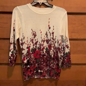 Cathy Daniels cream and red floral sweater embellished with tiny rhinestones.